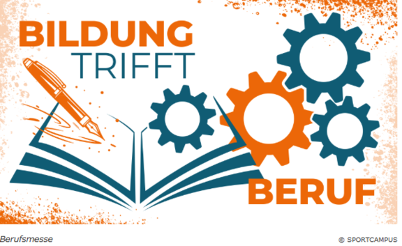 Bildung trifft Beruf – Berufsmesse zur Berufsorientierung Grafik zur Berufsmesse „Bildung trifft Beruf“ mit einem aufgeschlagenen Buch, einem Stift und Zahnrädern in Orange und Blau.